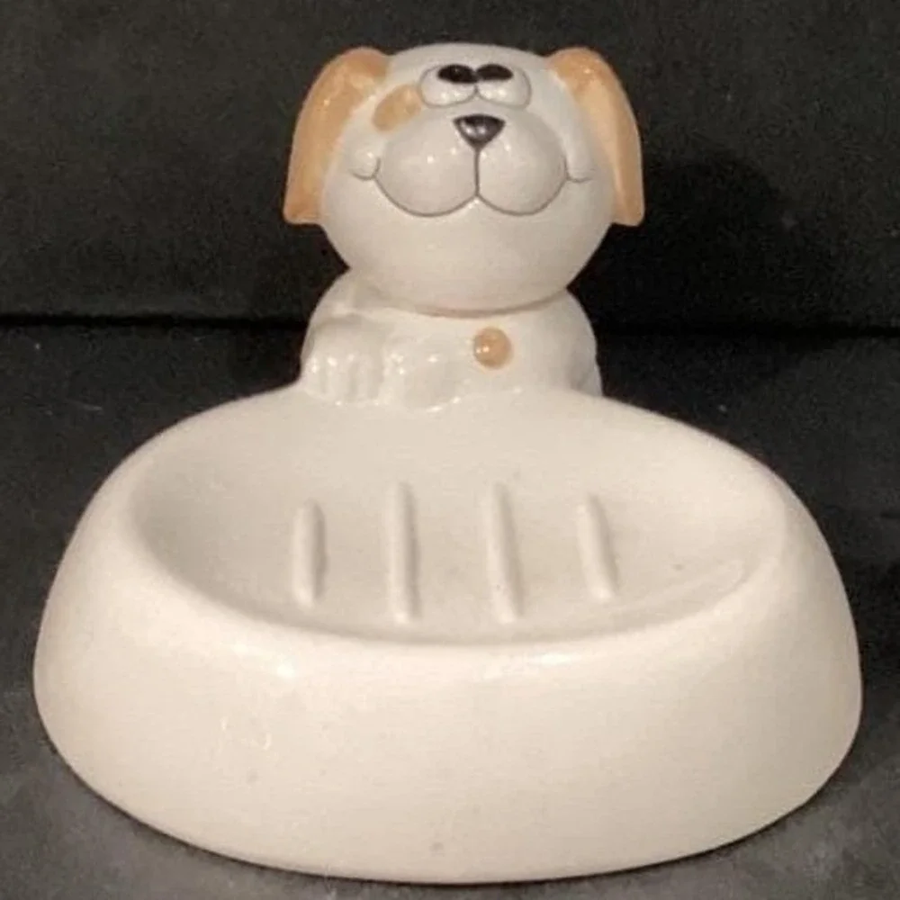 Puppy Dog Ceramic Soap Dish, Vintage Art Deco-Style Bathroom Decor Vanity Accent